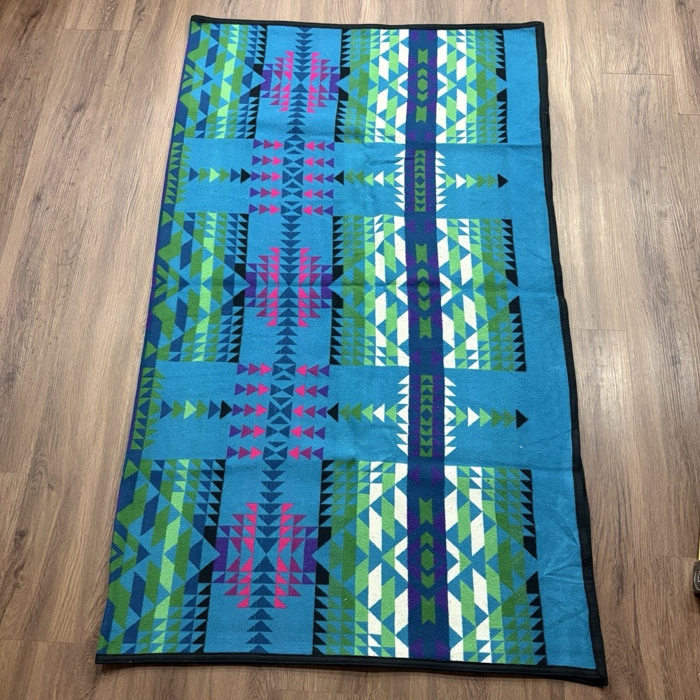 Pendleton Beaver State Wool Blanket 64x80 Geometric Blue Green Purple
